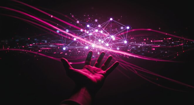 Close up of a hand under a purple hologram showing a data network signifies easy data access with efficient data integration. 5