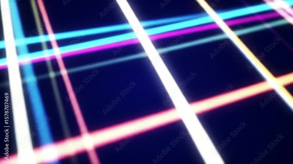 Poster colorful neon light streaks move across a dark blue background creating a grid pattern