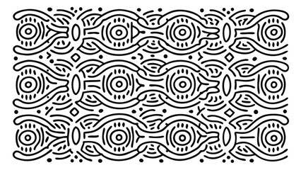 Black and white pattern featuring circles, lines, and geometric shapes in a repeating arrangement design
