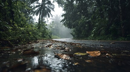 Winding jungle road after rainfall wet pavement reflecting overcast sky dense green foliage mist rising ground scattered fallen leaf puddle moody cinematic monsoon atmosphere ground level perspective