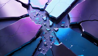 Shattered iridescent purple and blue glass fragments suitable for abstract backgrounds, textures, design elements, artistic projects, and creative concepts.