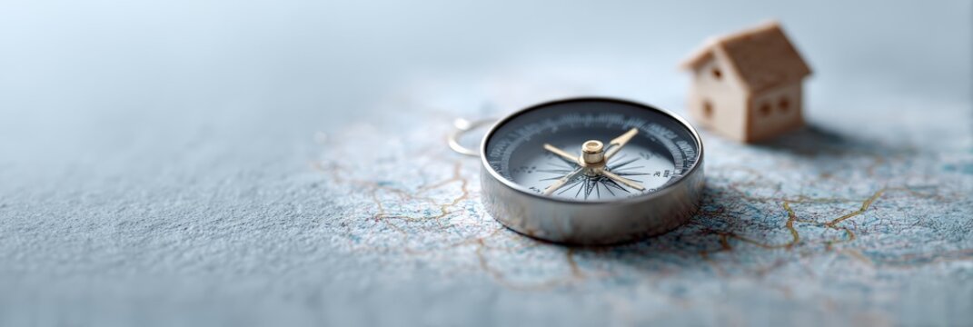 Compass rests on a map, guiding potential homebuyers through the complex real estate market, with a miniature house symbolizing the search for the perfect property