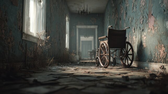 Abandoned hospital hallway with wheelchair
