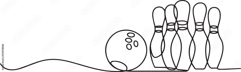 Poster one line drawing of bowling ball with spiral pattern rolling toward five pins in continuous line sty