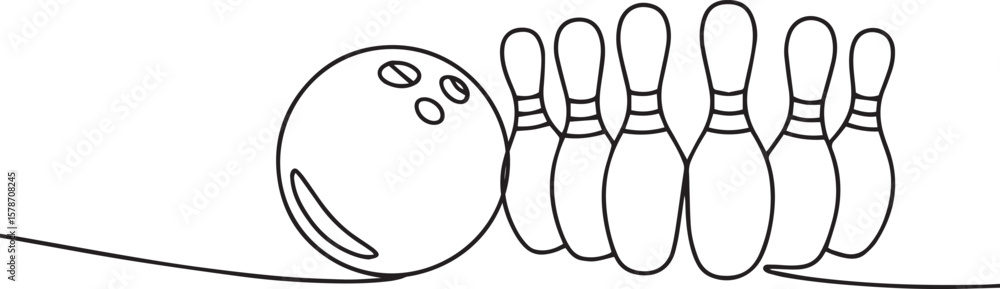 Poster one line drawing of bowling ball with spiral pattern rolling toward five pins in continuous line sty
