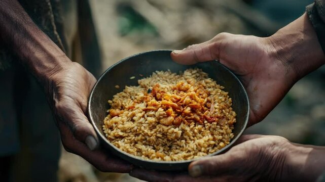 Handing over a pan of mixed grains to another person, likely in preparation for cooking or as part of cultural exchange.