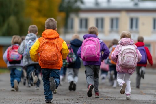 A group of children are running down a sidewalk, some of them wearing backpacks