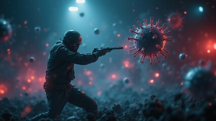 "Futuristic Soldier Combating Giant Virus in Apocalyptic Battle Scene"
