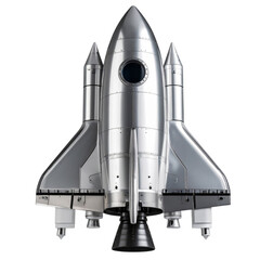 Metallic rocket ship futuristic spacecraft isolated on transparency background shiny silver surface aerodynamic design space exploration technology innovation adventure concept excitement