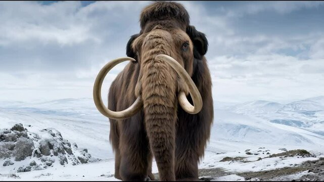 Woolly mammoth with large curved tusks in snowy mountain wilderness showcasing prehistoric animal adapted to cold nature and rugged terrain under cloudy sky environment