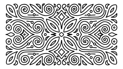 Ornate black and white symmetrical design with swirling lines leaves and diamond shapes in a rectangle frame