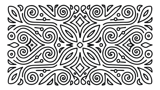 Ornate black and white symmetrical design with swirling lines leaves and diamond shapes in a rectangle frame