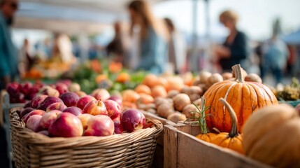 A basket of apples and a basket of pumpkins are displayed at a market