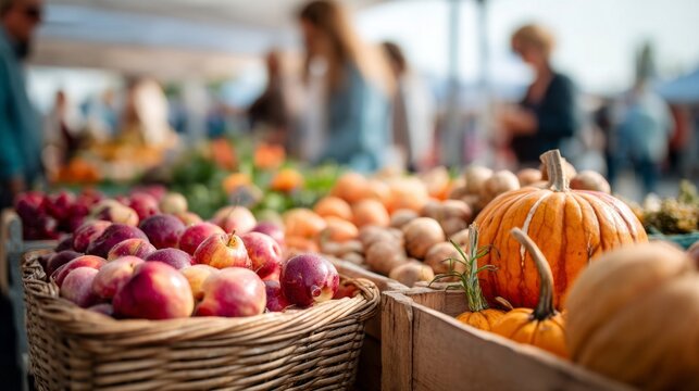 A basket of apples and a basket of pumpkins are displayed at a market - Powered by Adobe