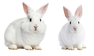 Obraz premium Two adorable white rabbits with fluffy fur and pink ears sitting side by side, isolated on transparency background, conveying sense of calm and innocence