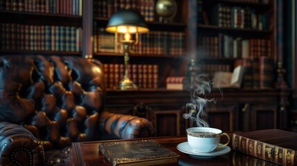 Escape into a world of literary magic with a steaming cup of coffee in a classic library adorned with soft atmospheric