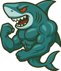 Muscular Cartoon Shark with Brawny Arms and Fierce Expression, Perfect for Sports Mascots, Strength Themes, and Dynamic Ocean Wildlife Designs, Illustrated Vector