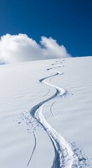 Obraz premium Curving ski tracks lead up a pristine snow covered mountain slope under a blue sky