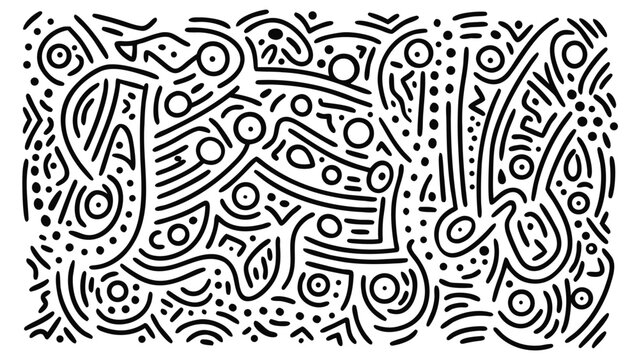 Abstract black and white doodle art featuring intricate line patterns and organic shapes throughout design