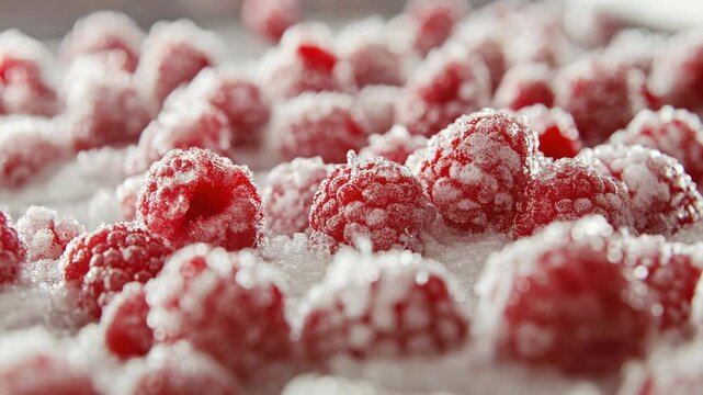 A close-up of red berries generously coated in granulated sugar.