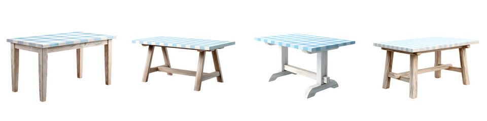 Vintage Farmhouse Tables with Checkered Cloth: Set of Wooden Furniture Isolated