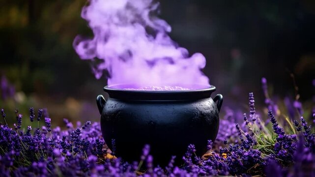 Steaming black cauldron amidst lavender flowers, filled with purple