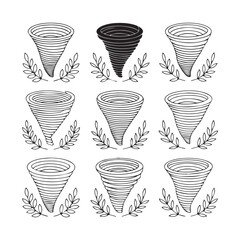 Set of nine stylized tornado icons with laurel branches on a white background
