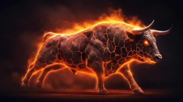 Fiery bull running through flames high resolution image for commercial use powerful animal design graphics