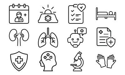 Medical Health Line Icons Set Including Doctor Appointment, Emergency Alert, Kidney, Lung, Brain, And Hospital Equipment In (2)