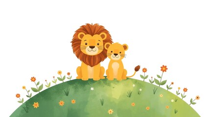 Fototapeta premium Adorable Lion Family on a Hilltop Meadow