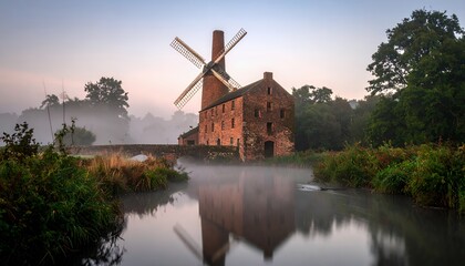 Fototapeta premium Misty Morning at the Old Windmill and River.