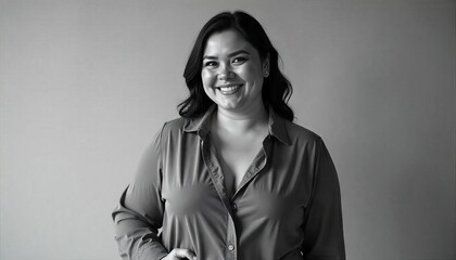 Smiling woman in buttondown shirt on simple background, ideal for professional and corporate themed designs, showcasing a confident and approachable persona.