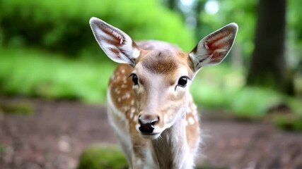 Close-up of a young fallow deer with brown fur and white spots standing in a forest clearing surrounded by green foliage. - Powered by Adobe