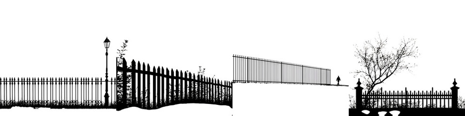Fence Silhouettes: Decorative Iron Fences, Isolated on White