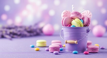 Pastel purple bucket filled with macarons and colorful candies on a sparkling lavender surface