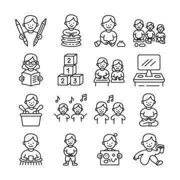 Black and White Line Art Icons Depicting Preschool Children Engaged in Various Activities Including Drawing Playing Musical Instruments Building Blocks and Computer Activities
