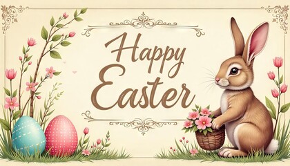 Cheerful Easter bunny with flowers near pastel eggs, perfect for holiday greeting cards, invitations, and seasonal social media posts.