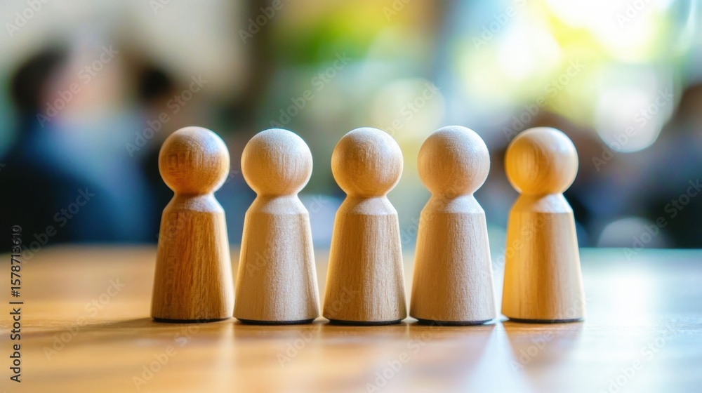 Poster wooden figurines arranged in a row on a table representing equality, diversity, teamwork, and connec