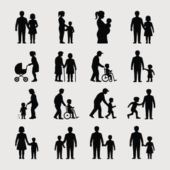 Black Silhouette Icons Depicting Diverse Family Structures Including Parents Children Infants Toddlers Elderly Individuals Using Mobility Aids and a Baby Stroller Against a