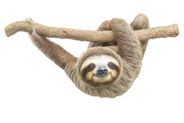 A sloth hangs from a tree branch isolated on transparent background