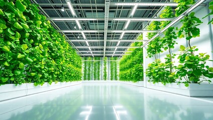 A bright indoor vertical farm with rows of leafy green plants under artificial lighting system indoors