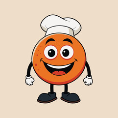 Cheerful orange character wearing chef hat and shoes fruit