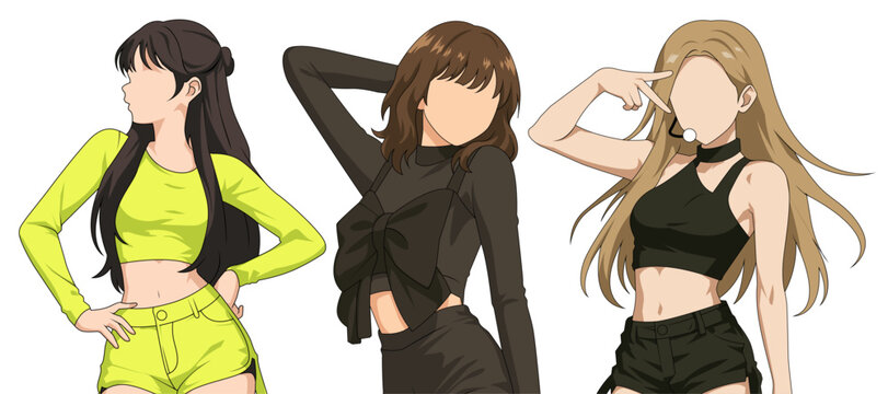 Set vector illustrations of kpop idols singing and dancing on stage. Bundle vector kpop music star. Modern idol group dancer with various different styles, poses and choreography. Korean pop cultures.