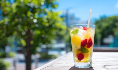 Fototapeta premium Colorful sparkling fruit drink with citrus and berries, placed on an outdoor table under a clear blue sky