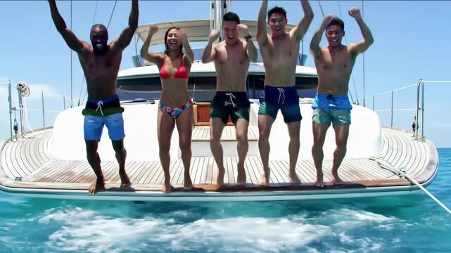 Happy friends jumping on a yacht