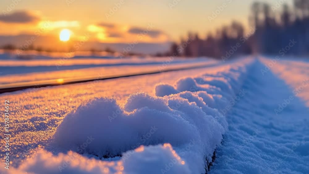 Poster a snow covered field with a train track in the background. the sun is setting in the background