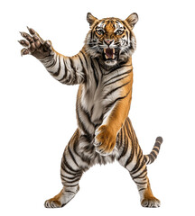 Obraz premium Aggressive tiger standing on hind legs, reaching out isolated on transparent background