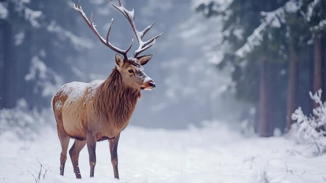 A deer with antlers is standing in the snow. The deer is in a forest. The snow is white and covers the ground