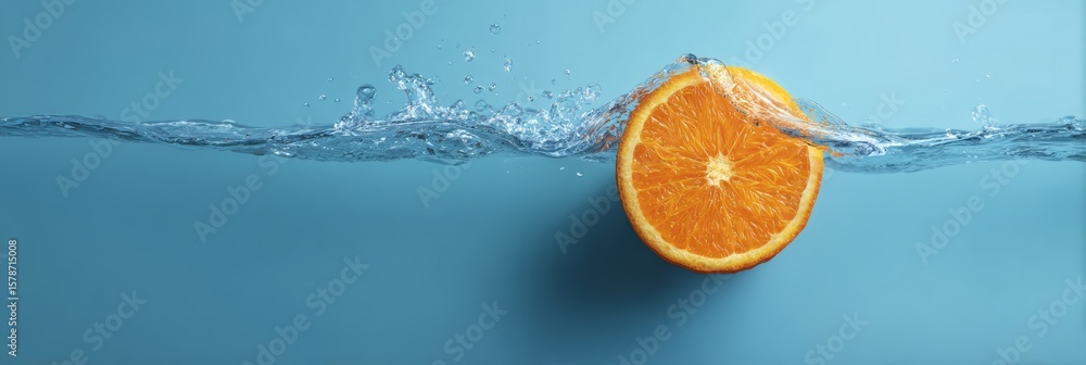 Poster half an orange is splashing into clean water, creating bubbles and a refreshing splash, perfect for 