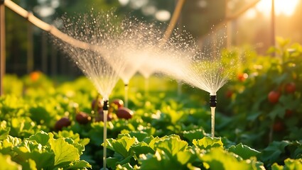 Irrigation system watering a field of leafy green plants under bright sunlight in a garden area